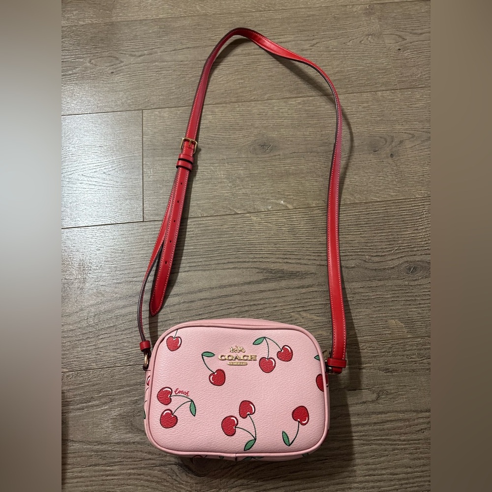 Coach Pink Cherry Print Crossbody Bag with Red Strap